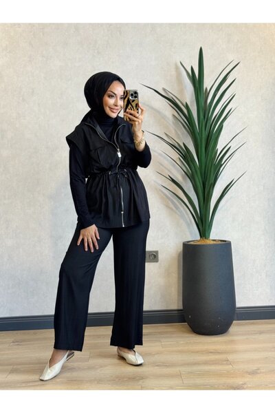 ALANURMODA 3399 بدلة سترة بخصر مجمع باللون الأسود