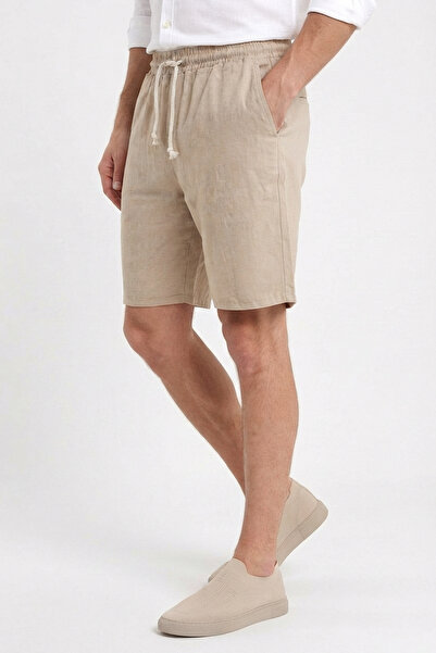 Sizce Men's Beige Muslin Linen Shorts 100% Cotton Full Fit with Back Pockets