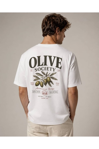 CANMODA Tricou unisex alb oversize Olive Society cu imprimeu tematic cu ramuri de măslin