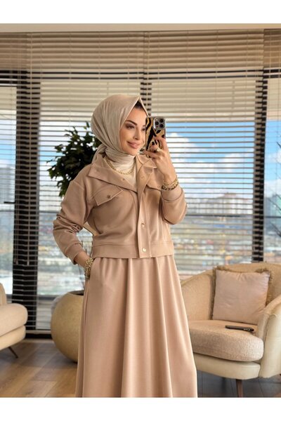 armine giyim 26Yt604 Skirt Suit with Gold Snap Fasteners on the Front, Beige