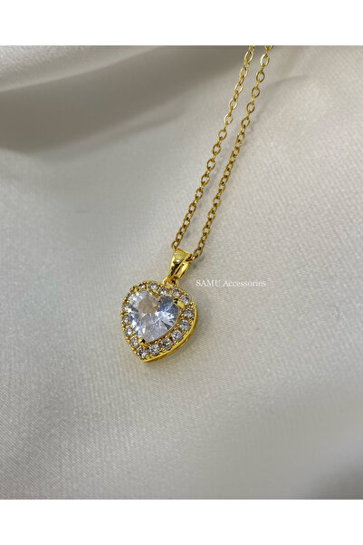 Samu Accessories Heart Zircon Steel Necklace with Stones Around - Gold Heart ...