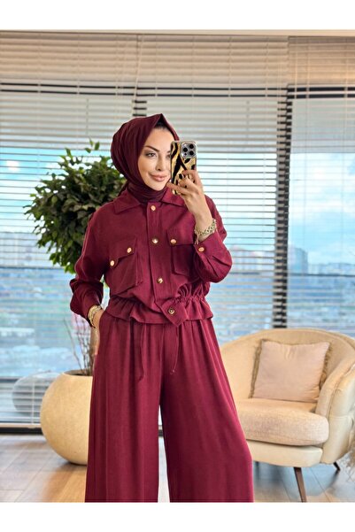 ALANURMODA 22879 طقم أكتاف من الكتان مع جيب أمامي باللون الأحمر الداكن