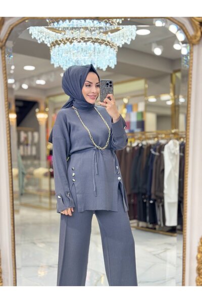 ALANURMODA 25111 طقم بنطلون تريكو بأزرار وشقوق باللون الأنثراسيت
