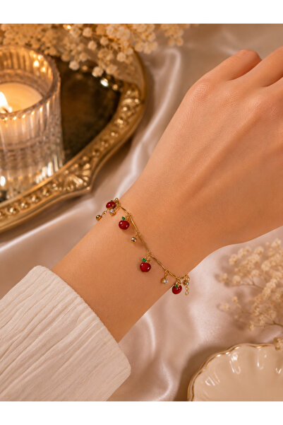 MODA MANANI Gold Color Dangle Women's Bracelet with Red Apple Figure