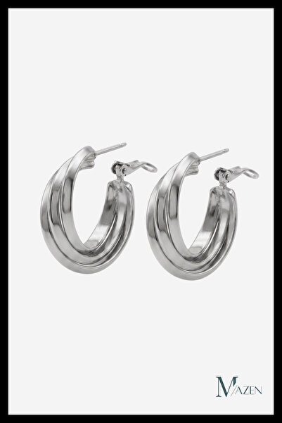 MAZEN Silver Color Three Stripes Transitional Oval Hoop Earrings Thick Metal ...