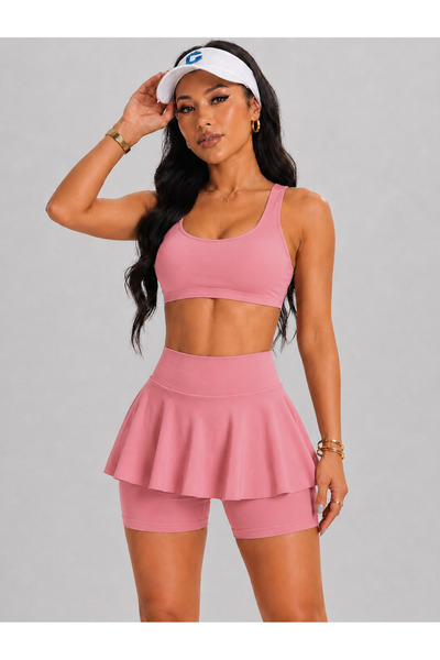 MAROVOAY Women's High Waist Inner Leggings Mini Sport Skirt-Crop 2 Piece Set