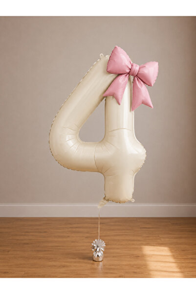 Balonsan -4- Age Beige Number Powder Pink Bow Foil Balloon Set