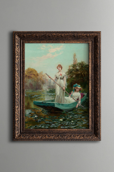 epiqart Two Women on a Sandal Boat on the Lake - Vintage Patterned Painting -...