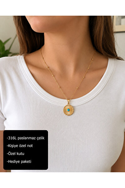 HER ŞEY NOTA www.herseynota.com Turquoise Stone Detailed Sun Motif 316L Stain...