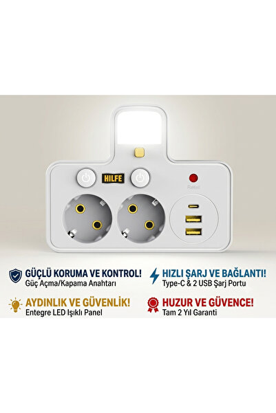 HILFE 2'li Akım Korumalı Priz, 2500W, LED Işıklı, Anahtarlı, PrizÇoklayıcı, 2...