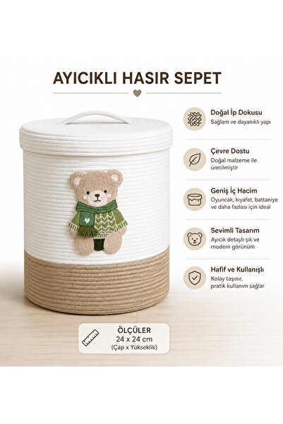 Berçak Home Wicker Basket with Teddy Bear Lid – Toy & Organizer Basket – Natu...