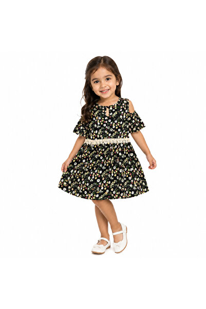 Generic Girls Cold Shoulder Floral Print Dress Black Size 4