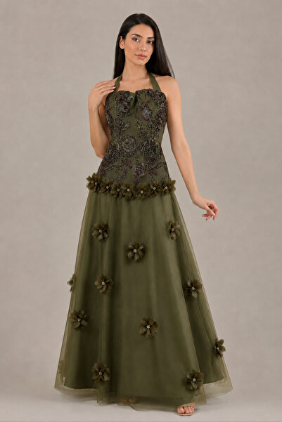 DVNA Dvna Dress Tulle Embroidered 3D Gazar Roses Olive Color