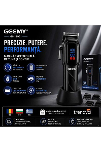 Geemy Mașină profesională de tuns GM-8051, Display LED Digital, Autonomie pân...
