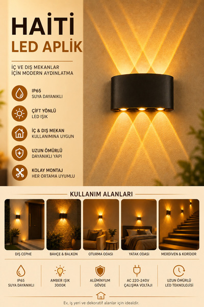 KOMPLİKE CT-8011 Haiti LED Duvar Aplik 6 Işık Hüzmeli Amber ve Dış Mekân Mode...
