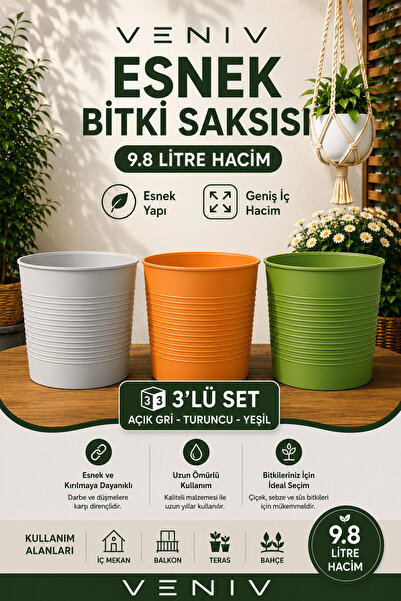 VENİV 3’lü Kırılmaz Dekoratif Saksı Seti 9.8 L - Açık Gri - Turuncu - Yeşil