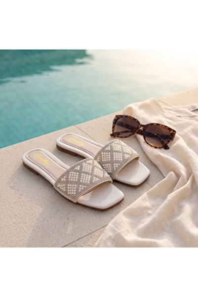 Fuzhoulanyang Women’s Pearl Rhinestone Flat Slide Sandals, Elegant Open Toe S...