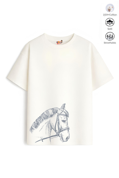 Belya Kids Wear Tricou din bumbac B8 cu design de cal, model supradimensionat...