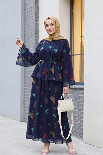 Modamorfo Spanish Sleeve Lined Belted Floral Patterned Skirt Chiffon Suit - N...