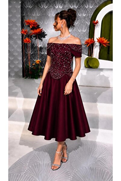 Mar style Luxury Floral Embroidery Off Shoulder Midi Evening Dress