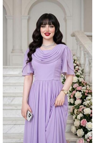 vela Soft Movi Chiffon Dress with Draped Collar and Butterfly Sleeves