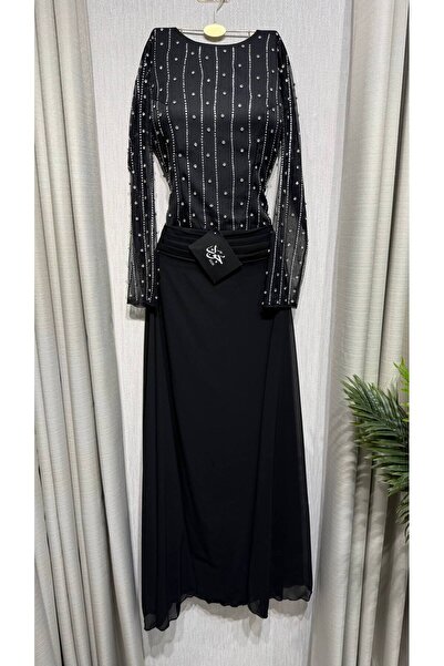 Jood Soft Embroidery Evening Dress Long Length Gown with Sheer Sleeves
