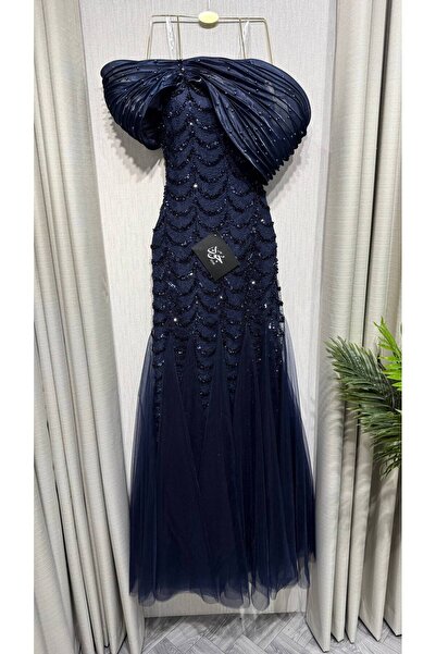 Jood Off Shoulder Maxi Evening Dress with Draping and Sequins