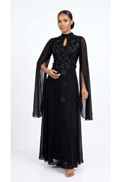 unbranded Women's Black Floral Appliqué Chiffon Maxi Evening Dress with Cape ...