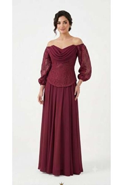 unbranded Women's Burgundy Lace Off Shoulder Maxi Evening Dress with Draped N...