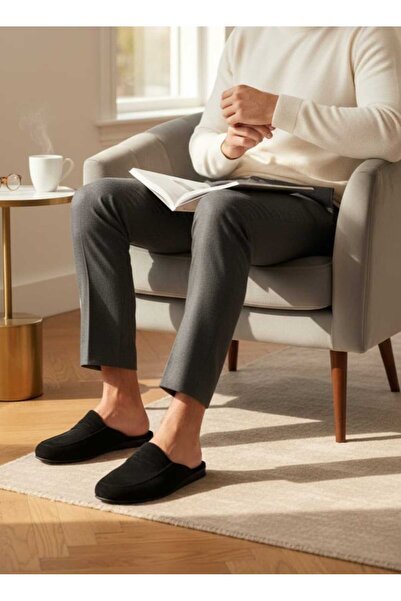DEPASSE Men's Suede Slippers Black Home Office Guest Dowry Groom