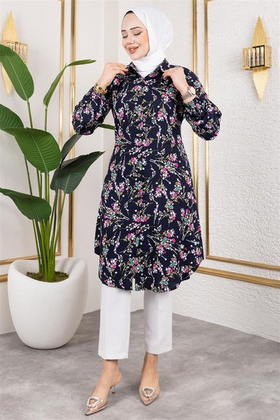 Mestore Asel Floral Viscose Tunic Dark Blue