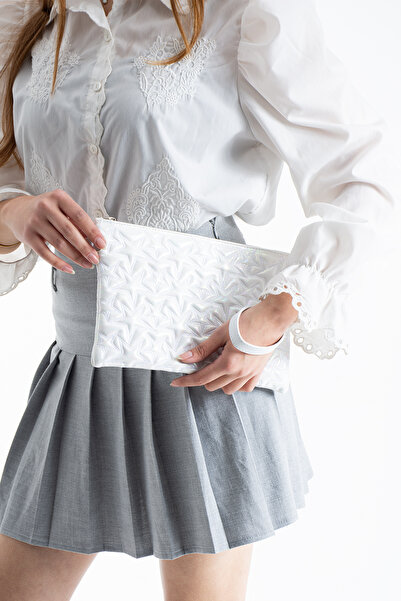 DEV 3 ADAM White Glitter Star Stitched Clutch Portfolio Women's Bag