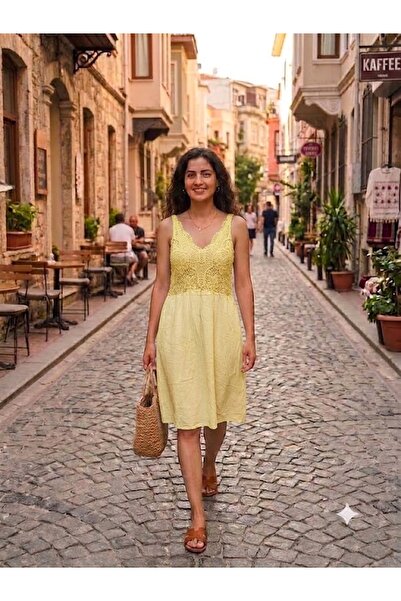 AYASOFYA OTANTIK فستان نسائي إيطالي متوسط الطول من الفيسكوز مزين بالدانتيل ال...