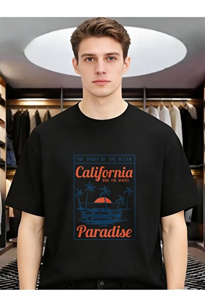 En22 California Paradise Ride The Waves Retro Surf Men Cotton Round Neck Shor...