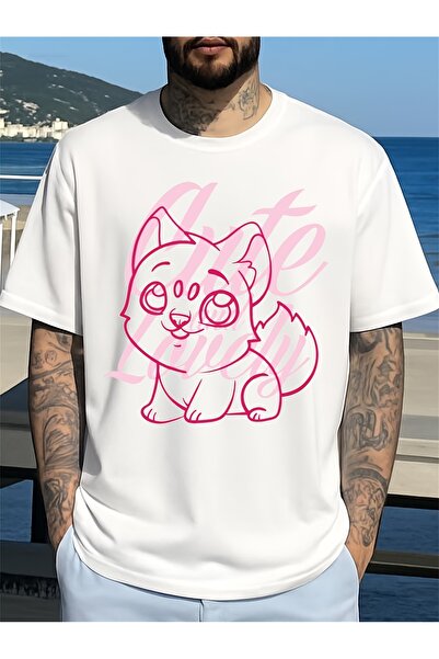 En22 Men's Comfortable Color Cat Heart Print T-shirt. 3XL White Casual Short-...