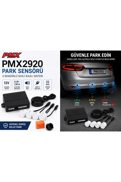 PMX PMX2920 4 Sensörlü Park Sensörü Seti 12V Soketli 22 mm Beyaz Sesli İkazlı