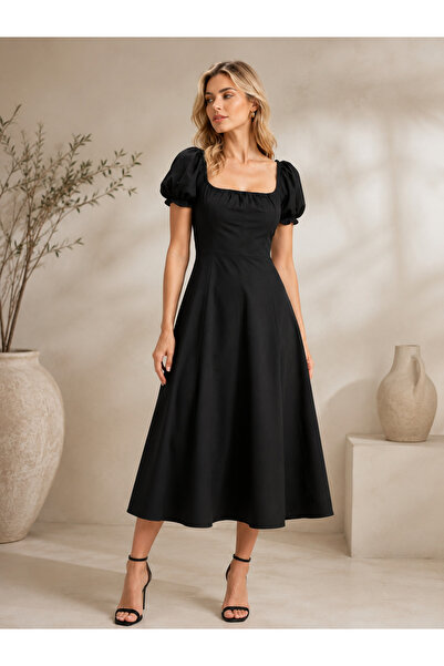 DEEP FAIR Women's Square Neck Balloon Sleeve A-Line Midi Dress Cm26El00332