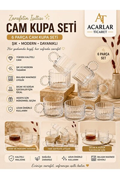 Acarlar Ticaret 6 Adet Cam Boncuk Kulplu Bardak Kupa Çay Kahve Meşrubat Barda...