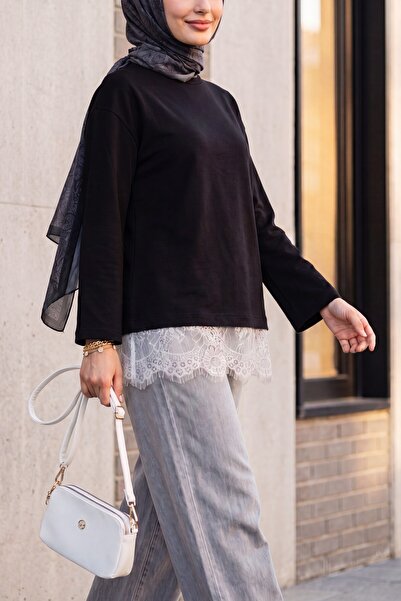 Modamorfo Crew Neck Skirt Lace Detailed Combed Cotton Tunic - Black