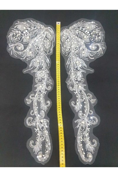 ESRA ŞELEM White Pearl Detailed Embroidery Guipure Applique Decorative Strip 2 Pieces