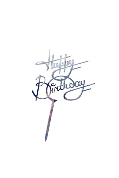 Baloane Vesele Topper Tort Happy Birthday Argintiu Oglinda Scris Elegant TOP1...