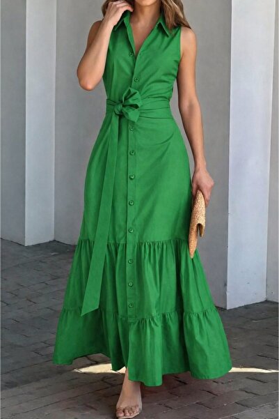 Livizmir Moda فستان نسائي طويل بدون أكمام مع ياقة وأزرار وحزام عند الخصر من ا...