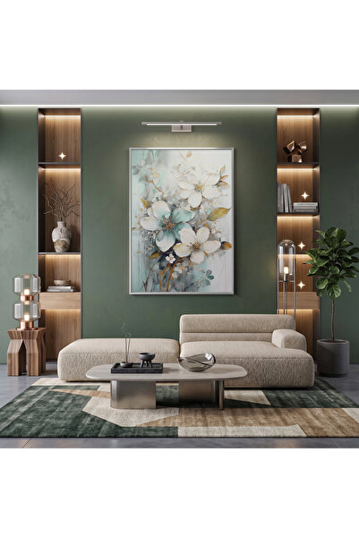 KOLAJTASARIM Flori delicate, verde apă, pastel, cu ramă metalică argintie, ma...