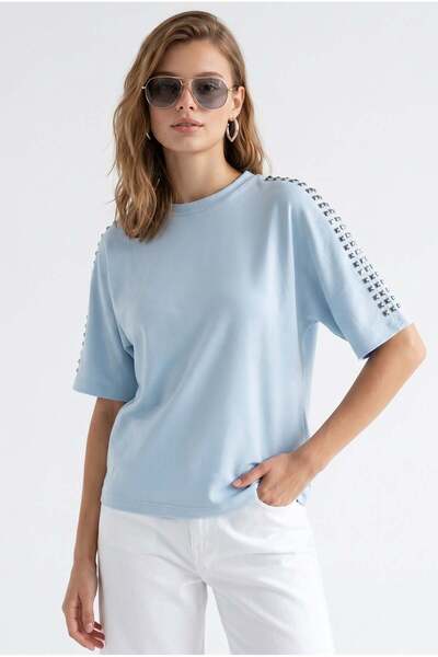 Mixray 2166 Women's Stone Detailed Crew Neck Short Sleeve Blouse Baby Blue