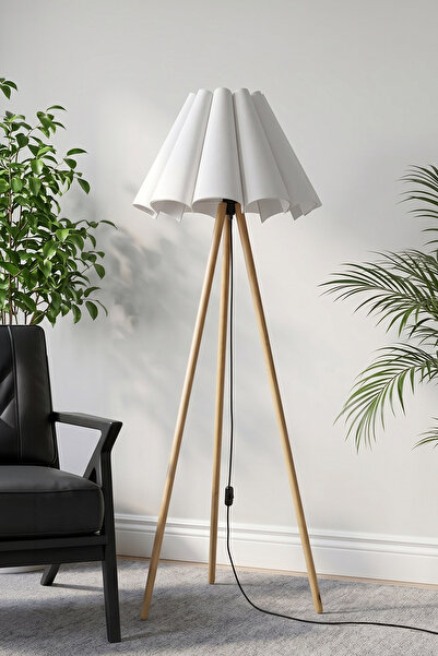 Marrien Woody 3 Ayaklı Ahşap Tripod Flora Krem Şapkalı Lambader Salon & Oturm...