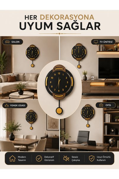 Nixar Desing Sessiz Mekanizmalı Sarkaçlı Duvar Saati 40x65 cm Siyah Gold Pleksi Ahşap MDF Saat