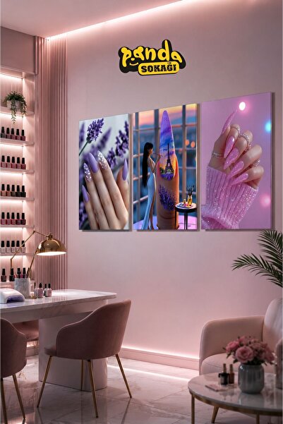 PANDA SOKAĞI 3’lü Dekoratif Ahşap Nail Studio Tablo Seti – Renkli Tırnak Tasa...
