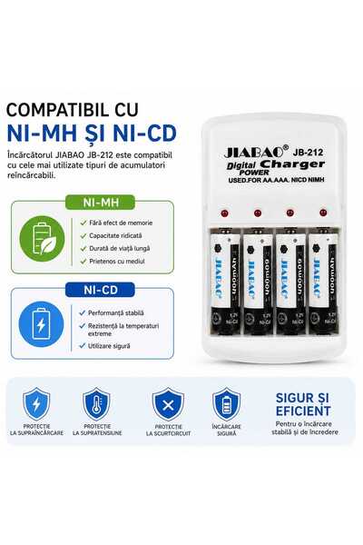 ANY SHOP MARKET Încărcător acumulatori JIABAO JB-212, pentru baterii reîncărcabile AA/AAA, compatibil Ni-MH și Ni-Cd, 4 sloturi, indicator LED, alimentare 220-240V, alb