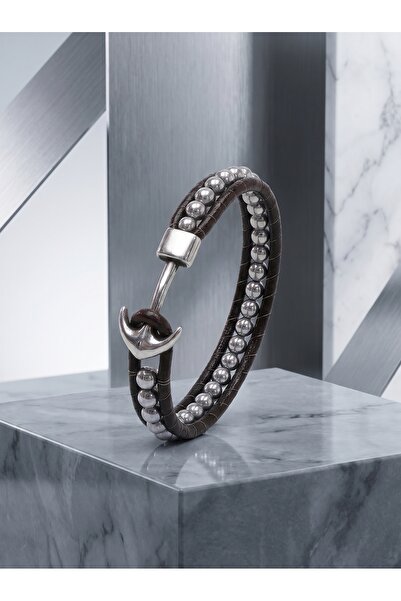 Parmas Design Steel Anchor Hematite Natural Stone Original Leather Weave Men'...