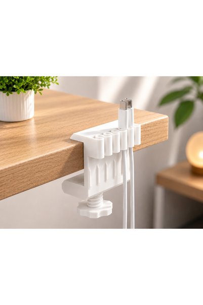 Veriqo3D Masa Kenarı Kablo Düzenleyici Kablo Tutucu Kelepçeli Şarj Kablosu Organizeri USB Type-C Lightning Masaüstü Kablo Sabitleyici 5 Girişli Beyaz